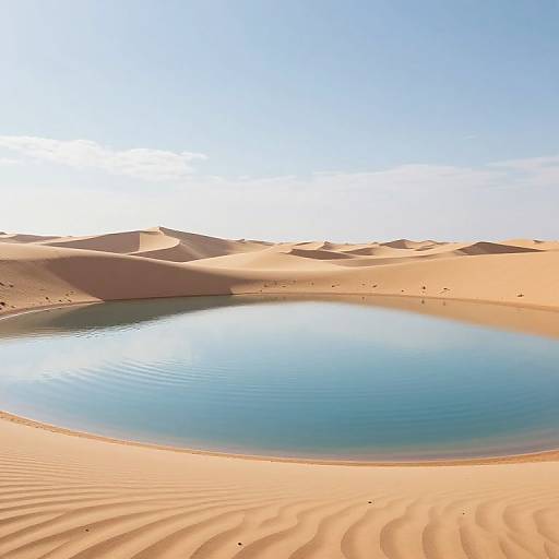 Photograph of a serene desert oasis with a calm, circular blue water pool surrounded by rippled, golden sand dunes under a clear, bright blue