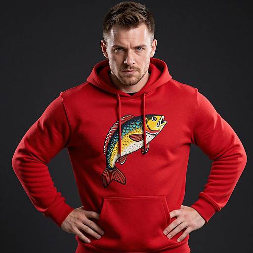 Photograph of a muscular, bearded man with short brown hair, wearing a red hoodie with a colorful fish graphic, hands on hips, against a