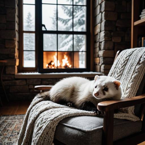 Cozy ferret in warm rustic living room