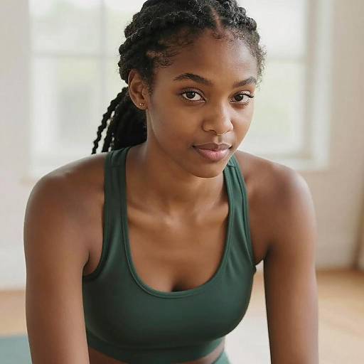Photograph of a young black woman with braided hair, wearing a dark green sports bra, sitting indoors with natural light.