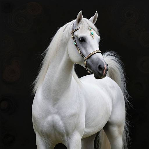 Photograph of a majestic, white Arabian horse with a silver bridle, green and blue decorative headpiece, and flowing mane against a black background.