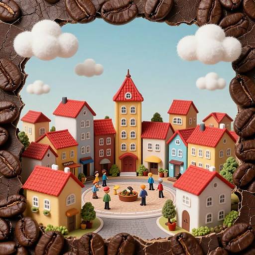 Photorealistic CGI image of a colorful, charming village with red-roofed houses, people gathering, and a cracked coffee bean border.