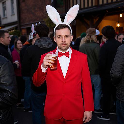 Photograph of a man in a red suit, white bow tie, and white bunny ears, holding a drink, standing among a crowded, festive outdoor