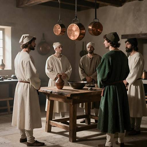 Medieval Kitchen Gathering with Unique Attire