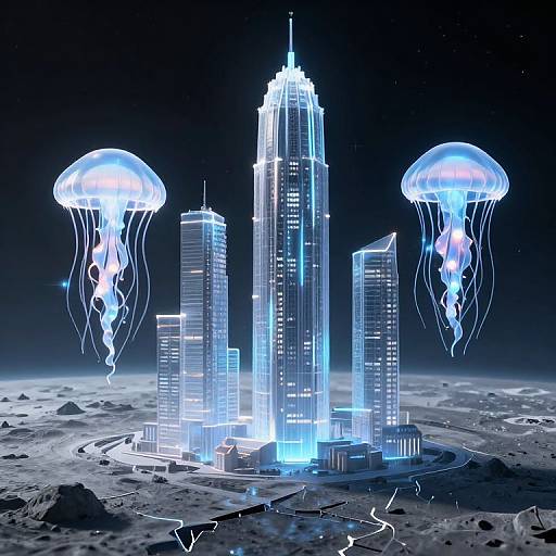 Digital illustration of glowing blue skyscrapers surrounded by bioluminescent jellyfish on a moonlit, rocky landscape. Futuristic, neon-lit