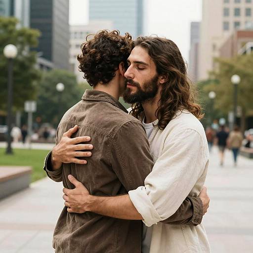 Jesus Embracing Man in Urban Park