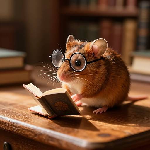 Photograph of a cute, brown-furred hamster with round glasses, reading an open book on a wooden desk, bathed in warm sunlight,