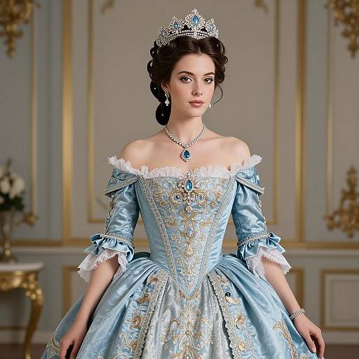 Photorealistic digital portrait of a young woman in an ornate blue and gold off-shoulder gown, tiara, and necklace, standing in