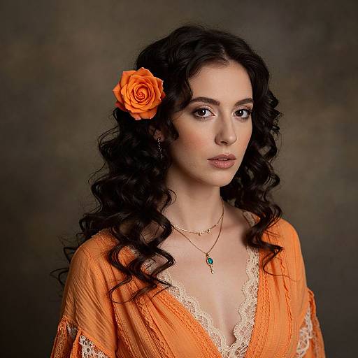 Photograph of a fair-skinned woman with curly black hair, wearing an orange lace top, orange rose hair accessory, and gold necklace, against a