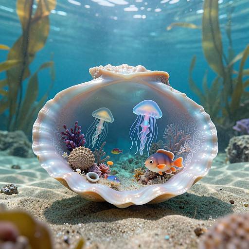 Photograph of a glowing, shell-shaped aquarium with two jellyfish, orange fish, and colorful corals on sandy ocean floor, underwater sunlight.