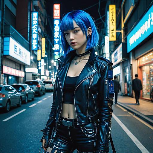 Cyberpunk Girl with Blue Hair on City Street at Night