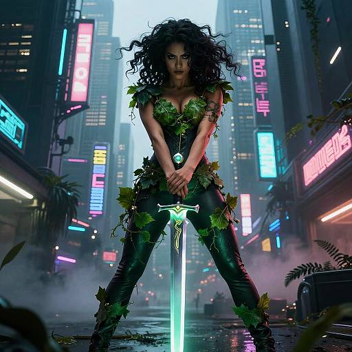 Cyborg woman with curly black hair, green leaf armor, and glowing sword stands defiantly in neon-lit, futuristic city street. Digital artwork.