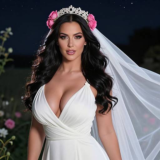 Photograph of a beautiful woman with long black hair, wearing a white deep V-neck dress, tiara with pink roses, and a white veil,
