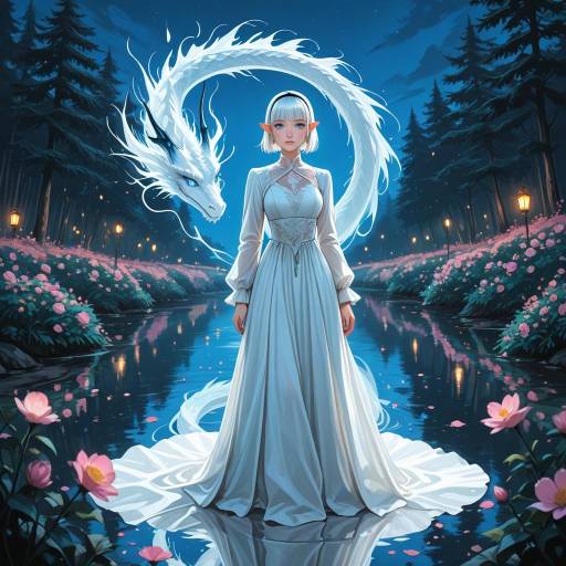 Mystical Elf Woman with White Dragon by River