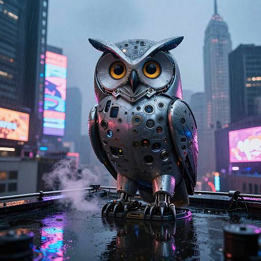 Colossal Cybernetic Owl on Neon Rooftop