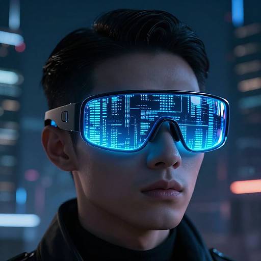 Close-up photograph of a young man with short dark hair, wearing futuristic blue LED augmented reality goggles, against a blurred cityscape at night.