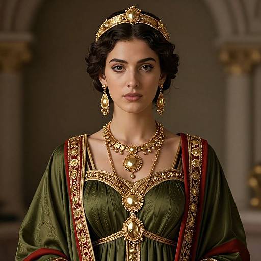 Photorealistic image of a dark-haired woman in an elaborate medieval green gown, adorned with gold jewelry and a crown, standing in a dimly lit