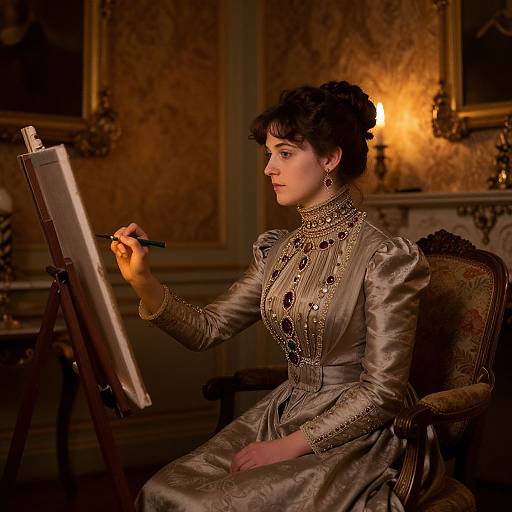 Victorian-era woman in ornate, silver dress painting on an easel in a warmly lit, vintage room, holding a brush. Photograph.