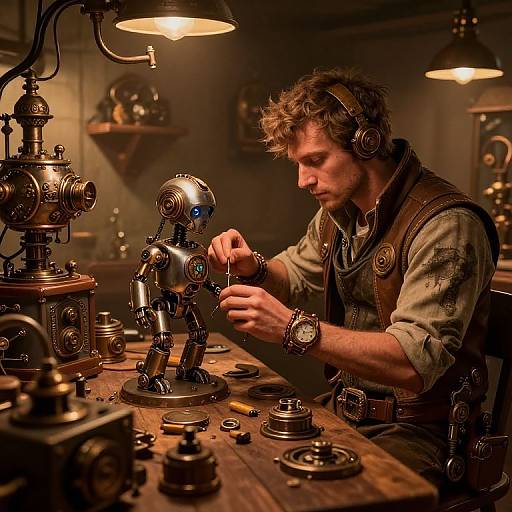 A young man with curly hair and headphones, in steampunk attire, repairs a small robot on a wooden workbench under warm, industrial-style lamps