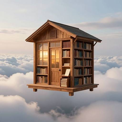 Photorealistic CGI of a wooden floating library house with a glowing door, surrounded by fluffy clouds at sunset.