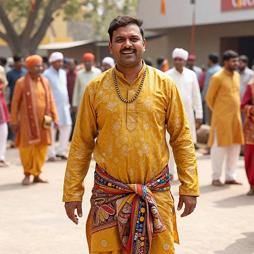 Photograph of a smiling Indian man in a vibrant yellow kurta with intricate embroidery and colorful patterned waist sash, standing outdoors among other men in