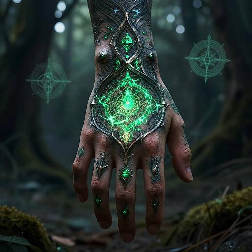 Photograph of a glowing, intricately tattooed hand with neon green and blue runes, set against a dark, misty forest background.