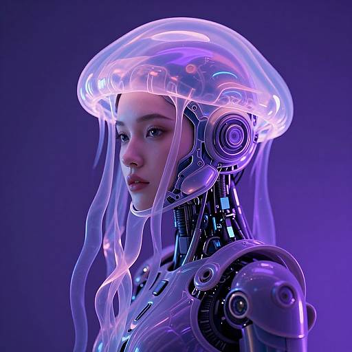 CGI image of a futuristic woman with translucent jellyfish-like helmet, glowing purple and blue, showcasing robotic joints and sleek metallic armor.