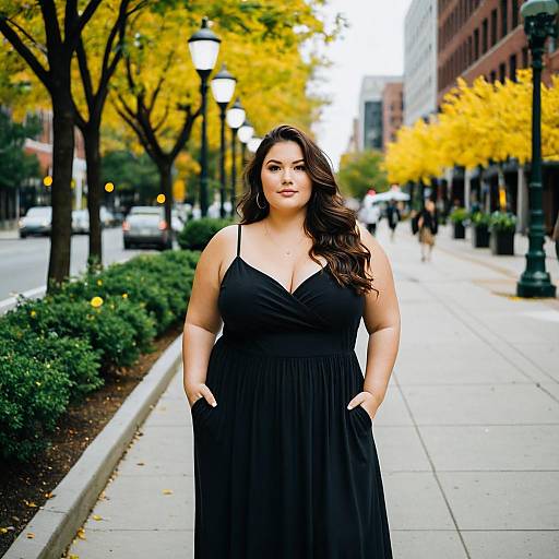 Plus Size Woman in Black Dress on Urban Sidewalk