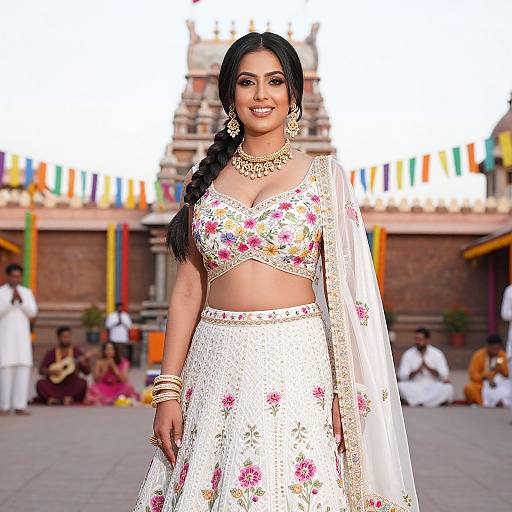 Photograph of a smiling Indian woman with long black hair in a floral-patterned white traditional lehenga and blouse, gold jewelry, standing in front of