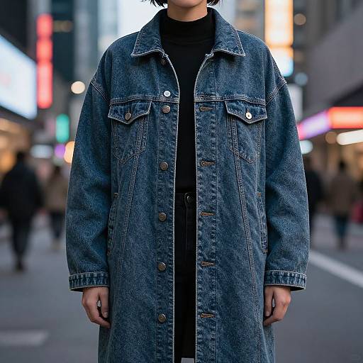 Photograph of an Asian person wearing a long, dark blue denim coat with buttons, standing on a blurred city street at night, illuminated by bright neon