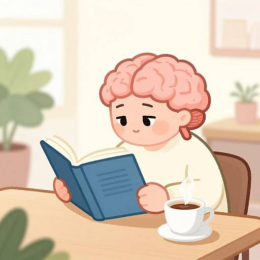 Cartoon of a pink-haired, brain-shaped child with a white shirt, reading a blue book at a table with a cup of coffee.