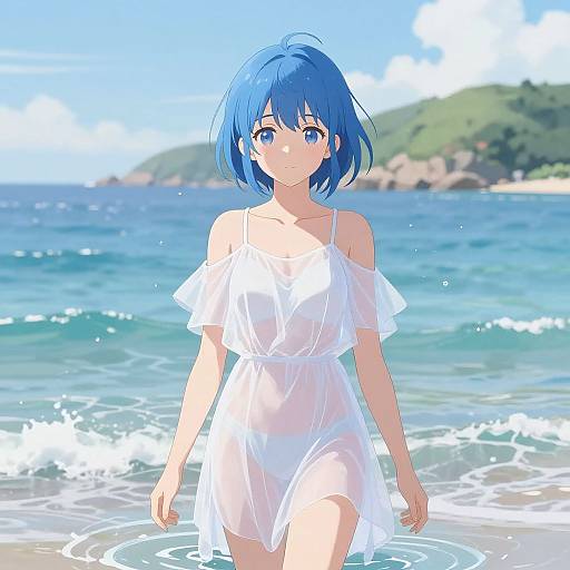 Anime-style digital drawing of a blue-haired girl with blue eyes, wearing a wet, white, off-shoulder dress, walking in shallow ocean water
