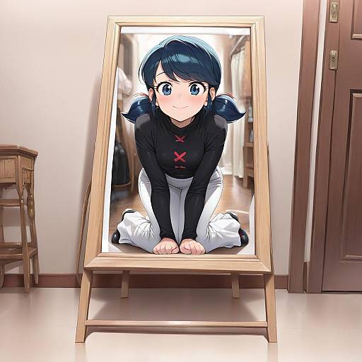 Digital anime-style drawing of a blue-haired girl with pigtails, black top, white pants, and red X, kneeling in front of a mirror