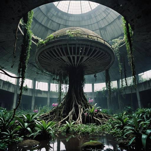 Underground Brutalist Dome with Overgrown Vegetation