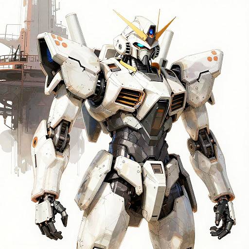 Digital drawing of a white and black robotic mecha with blue eyes and orange horn, standing against a blurred, industrial background.