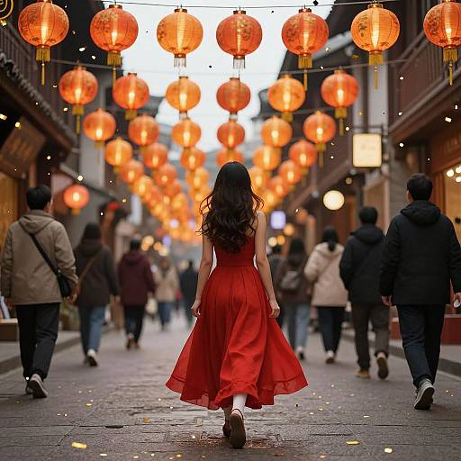 Photograph: Woman in flowing red dress walks down a narrow, lantern-lit street, surrounded by orange paper lanterns and blurred pedestrians.