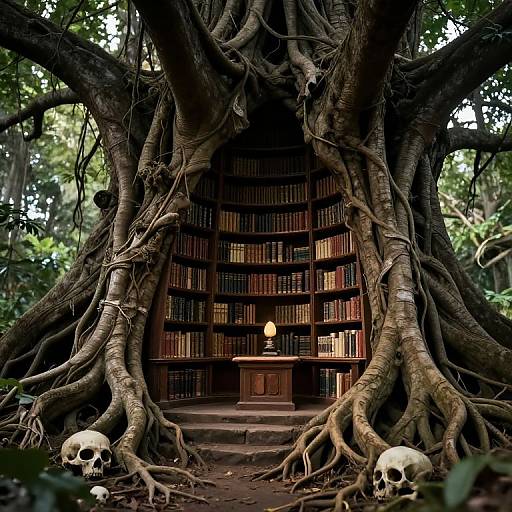 Photograph of an ancient, tree-wrapped library with bookshelves, a lit lamp, and two skulls at its base in a dense jungle.