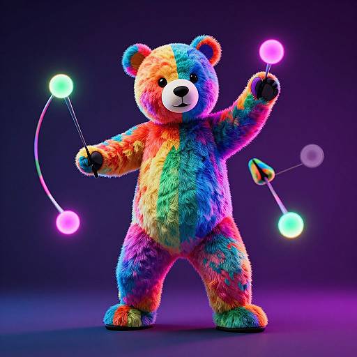 Vibrant, multicolored CGI teddy bear standing, holding glowing neon balls on strings against a dark purple background. Neon lights create a magical