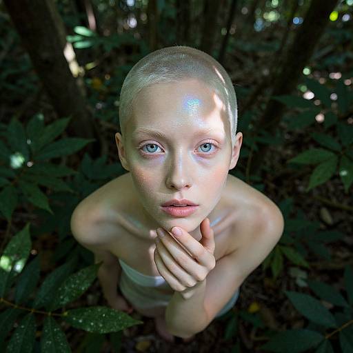 Photograph of a pale-skinned, bald person with blue eyes, standing nude in a dark, leafy forest, looking up, hand near mouth