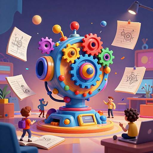 Vibrant CGI illustration of a colorful, gear-adorned robot in a creative studio with diverse children drawing around it, papers floating mid-air,