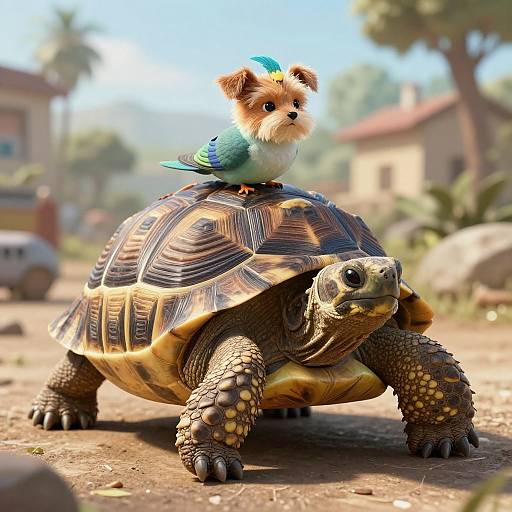 CGI image of a small, fluffy blue and white puppy riding on a large, detailed turtle with textured shell, set in a sunny, suburban garden