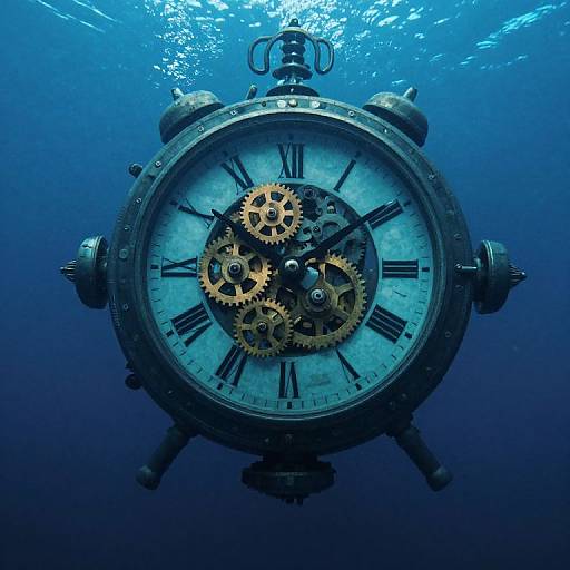 Photograph of a steampunk clock underwater, featuring brass gears, Roman numerals, and a weathered metal frame, bathed in blue light