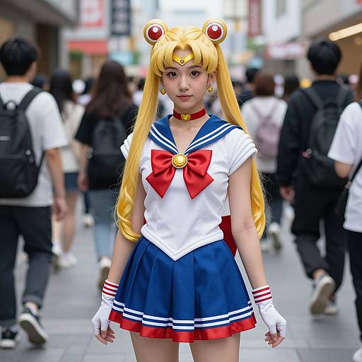 Photograph of an Asian woman in a vivid Sailor Moon cosplay with long blonde pigtails, red bow, and blue skirt, standing confidently in a