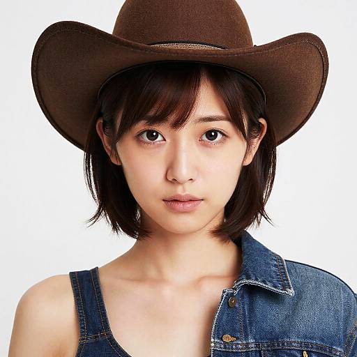 Photograph of a young Asian woman with short black hair, wearing a brown cowboy hat and denim shirt, against a white background.