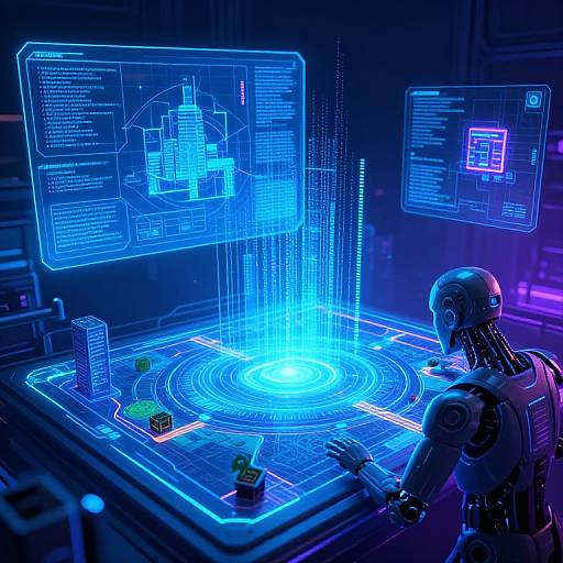Neon-lit futuristic cyber lab: robotic humanoid facing holographic blue interface, glowing grid, cubes, and data screens, with vibrant blue and purple