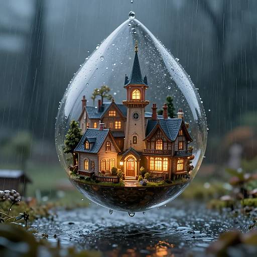 Photograph of a detailed miniature Gothic-style house inside a clear raindrop, illuminated with warm yellow lights, surrounded by a blurred, rainy forest background with