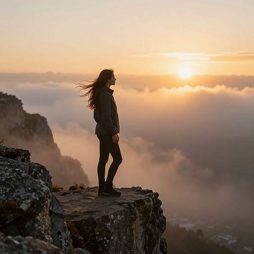 Silhouetted woman with long hair stands on rocky mountain edge, overlooking misty sunrise and clouds. Golden sky, serene atmosphere. Photograph.