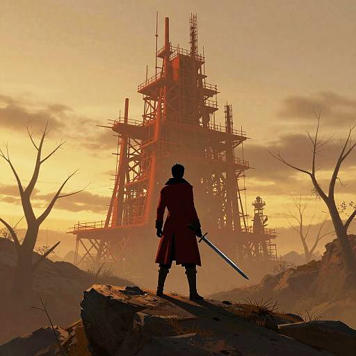 Silhouetted Adventurer at Sunset Scaffold