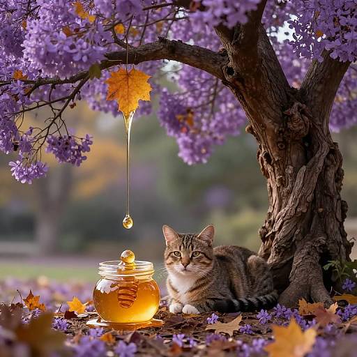 Photograph of a tabby cat lounging under a blooming purple tree, near a glowing honey jar with a honey droplet, surrounded by autumn