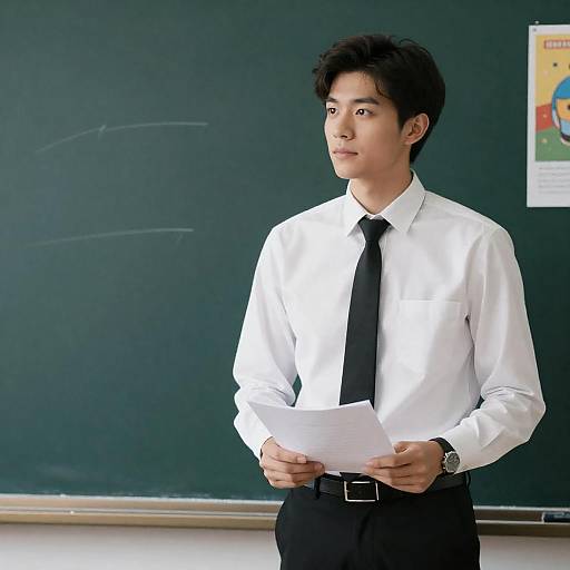Young Man Standing by Chalkboard